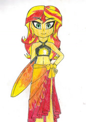 Size: 1062x1508 | Tagged: safe, artist:nathanamiel, imported from derpibooru, sunset shimmer, equestria girls, equestria girls series, bikini, clothes, eyebrows, eyebrows visible through hair, hand on hip, looking at you, sarong, summer, surfboard, swimsuit, traditional art