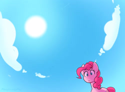 Size: 3072x2264 | Tagged: safe, artist:averysweatyboy, imported from derpibooru, part of a set, pinkie pie, earth pony, pony, cloud, comic, female, looking at you, mane, mare, sky, solo, sun, tail