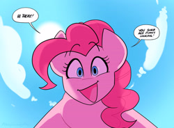 Size: 3072x2264 | Tagged: safe, artist:averysweatyboy, imported from derpibooru, part of a set, pinkie pie, earth pony, pony, cloud, comic, female, looking at you, mane, mare, monologue, open mouth, sky, smiling, solo, sun, talking, text