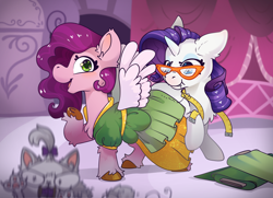 Size: 4252x3071 | Tagged: safe, artist:cutepencilcase, imported from derpibooru, opalescence, pipp petals, rarity, cat, pegasus, pony, unicorn, clothes, dress, duo focus, female, g4, g5, generational ponidox, mare, measuring tape, pipp and her heroine, smiling, starry eyes, wingding eyes