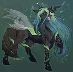 Size: 1630x1600 | Tagged: safe, artist:beetlegoblin, imported from derpibooru, queen chrysalis, changeling, changeling queen, insect, abstract background, crown, fangs, female, flowy mane, full body, gradient mane, grin, horn, insect wings, jewelry, long eyelashes, mare, quadrupedal, raised hoof, regalia, signature, smiling, solo, sparkles, teeth, transparent wings, wings