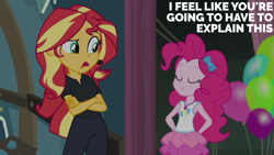 Size: 2000x1125 | Tagged: safe, edit, edited screencap, editor:quoterific, imported from derpibooru, screencap, pinkie pie, sunset shimmer, all the world's off stage, equestria girls, equestria girls series, geode of sugar bombs, magical geodes