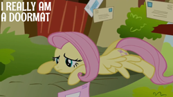 Size: 1920x1080 | Tagged: safe, edit, edited screencap, editor:quoterific, imported from derpibooru, screencap, fluttershy, pegasus, pony, putting your hoof down, doormat, female, fluttershy's cottage, frown, mail, mare, sad, solo, spread wings, wings