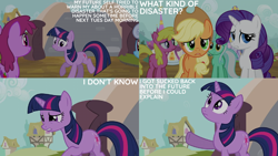 Size: 2000x1125 | Tagged: safe, edit, edited screencap, editor:quoterific, imported from derpibooru, screencap, applejack, berry punch, berryshine, cherry berry, linky, lyra heartstrings, rarity, shoeshine, twilight sparkle, unicorn, it's about time, bridge, ponyville, unicorn twilight