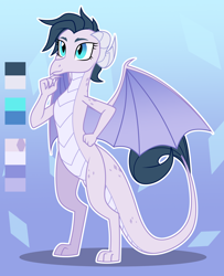 Size: 3250x4007 | Tagged: safe, alternate version, artist:nika-rain, imported from derpibooru, oc, oc only, dragon, commission, cute, dragon oc, dragon wings, dragoness, eyebrows, female, gradient background, hand on hip, looking left, non-pony oc, reference sheet, short hair, show accurate, solo, spread wings, vector, wings