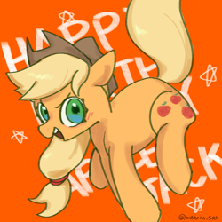 Size: 1280x1280 | Tagged: safe, artist:metaruscarlet, imported from derpibooru, applejack, earth pony, pony, applejack's hat, blushing, cowboy hat, female, happy birthday, hat, looking at you, open mouth, orange background, simple background, solo