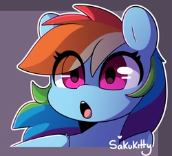 Size: 2400x2188 | Tagged: safe, artist:sakukitty, imported from derpibooru, rainbow dash, pegasus, pony, abstract background, bust, cel shading, cute, dashabetes, eye clipping through hair, female, high res, looking at you, mare, open mouth, outline, portrait, shading, signature, simple shading, solo, white outline