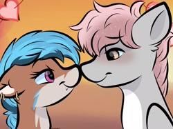 Size: 2048x1535 | Tagged: safe, artist:doodle-hooves, imported from derpibooru, oc, oc:cotton puff, oc:lissy fluffball, moth, mothpony, original species, pegasus, pony, boop, cel shading, cute, gradient background, lidded eyes, looking at each other, looking at someone, noseboop, shading, simple background, smiling