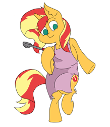 Size: 3508x4016 | Tagged: safe, artist:ponny, imported from derpibooru, sunset shimmer, pony, semi-anthro, unicorn, apron, clothes, colored, female, ladle, mare, simple background, solo, white background