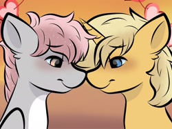 Size: 2048x1535 | Tagged: safe, artist:doodle-hooves, imported from derpibooru, oc, oc:cotton puff, oc:sunlight bolt, pegasus, pony, unicorn, boop, cel shading, cute, gradient background, lidded eyes, looking at each other, looking at someone, noseboop, shading, simple background, smiling