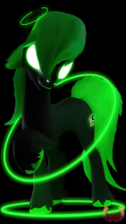 Size: 2160x3840 | Tagged: safe, artist:loveslove, imported from derpibooru, oc, oc only, oc:zvykar, pony, 3d, black background, glowing, glowing eyes, green eyes, green mane, green tail, high res, looking at you, neon, raised hoof, simple background, smiling, smiling at you, tail