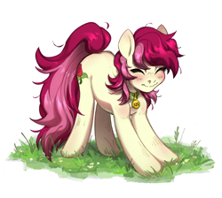 Size: 1850x1655 | Tagged: safe, artist:joowik, imported from derpibooru, roseluck, pony, behaving like a cat, collar, commission, commissioner:doom9454, cute, eyes closed, messy mane, pet tag, pony pet, rosepet, simple background, solo, stretching, white background