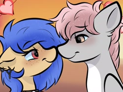 Size: 2048x1535 | Tagged: safe, artist:doodle-hooves, imported from derpibooru, oc, oc:cotton puff, oc:lunar saintly, bat pony, pegasus, pony, boop, cel shading, cute, gradient background, lidded eyes, looking at each other, looking at someone, noseboop, shading, simple background, smiling