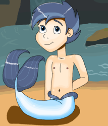 Size: 914x1068 | Tagged: safe, artist:ocean lover, imported from derpibooru, shady daze, human, merboy, bare shoulders, belly, belly button, blue eyes, chest, child, cute, fins, human coloration, humanized, land, light skin, looking at you, male, mermay, ms paint, rock, sitting, sleeveless, smiling, species swap, tail, tail fin, two toned hair, water, waterfall