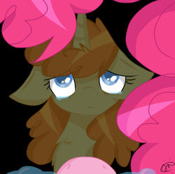 Size: 1650x1634 | Tagged: safe, artist:gallantserver, imported from derpibooru, pinkie pie, pumpkin cake, pony, black background, floppy ears, offscreen character, older, pov, simple background, teary eyes