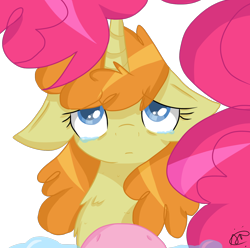 Size: 1650x1634 | Tagged: safe, alternate version, artist:gallantserver, imported from derpibooru, pinkie pie, pumpkin cake, pony, floppy ears, offscreen character, older, pov, simple background, teary eyes, transparent background