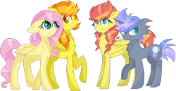 Size: 3006x1555 | Tagged: safe, artist:gallantserver, imported from derpibooru, fluttershy, spitfire, oc, oc:firebird, oc:spectrum blitz, earth pony, pegasus, pony, adopted offspring, female, magical lesbian spawn, mare, offspring, parent:fluttershy, parent:spitfire, parents:spitshy, simple background, transparent background