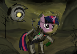 Size: 2388x1668 | Tagged: safe, artist:weiling, imported from derpibooru, twilight sparkle, pony, unicorn, fallout equestria, armor, bubble helmet, cracked, duct tape, fallout, portal (valve), solo, tape