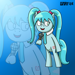 Size: 2000x2000 | Tagged: safe, artist:gradiusfanatic, imported from derpibooru, earth pony, pony, anime, female, gradient background, hatsune miku, microphone, ponified, solo, vocaloid, zoom layer