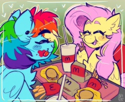 Size: 2048x1683 | Tagged: safe, artist:yumkandie, imported from derpibooru, fluttershy, rainbow dash, pegasus, pony, :p, :t, ^^, burger, chicken meat, chicken nugget, drinking straw, duo, ear piercing, earring, eating, eyebrows, eyes closed, female, flutterdash, food, french fries, heart, jewelry, ketchup, lesbian, mcdonald's, meat, nose piercing, piercing, raised eyebrow, sauce, shipping, smiling, tongue out