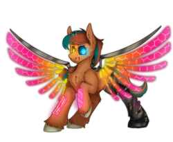 Size: 2800x2300 | Tagged: safe, artist:molars, imported from derpibooru, oc, cyborg, pegasus, pony, augmented, cybernetic eyes, cybernetic leg, cyberpunk, glowing, glowing wings, orange fur, prosthetic eye, prosthetics, simple background, transparent background, unshorn fetlocks, wings