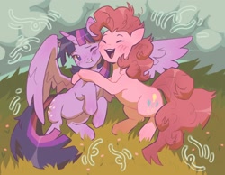 Size: 1694x1314 | Tagged: safe, artist:tani yry, imported from derpibooru, pinkie pie, twilight sparkle, alicorn, earth pony, pony, ^^, blushing, cute, duo, eyes closed, female, grass, horn, hug, lesbian, mare, one eye closed, open mouth, open smile, overjoyed, shipping, signature, smiling, spread wings, squishy cheeks, twilight sparkle (alicorn), twinkie, wings, wink