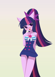 Size: 1000x1407 | Tagged: safe, artist:howxu, imported from derpibooru, part of a set, sci-twi, twilight sparkle, anthro, plantigrade anthro, equestria girls, alternate hairstyle, bare shoulders, blushing, breasts, clothes, eyebrows, eyebrows visible through hair, female, gradient background, looking at you, one-piece swimsuit, open mouth, ponytail, sci-twi swimsuit, seduction, simple background, sleeveless, solo, swimsuit