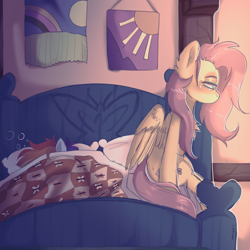 Size: 3500x3500 | Tagged: safe, artist:yumkandie, imported from derpibooru, fluttershy, rainbow dash, pegasus, pony, bed, bedroom, blanket, bubble, female, flutterdash, fluttershy's bedroom, hangover, lesbian, lidded eyes, morning, morning ponies, shipping, sitting on bed, sleeping, under blanket, wings