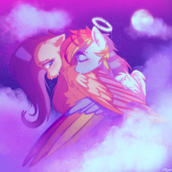 Size: 1280x1280 | Tagged: safe, artist:yumkandie, imported from derpibooru, fluttershy, rainbow dash, blushing, cloud, colored wings, crying, ear piercing, eyebrow piercing, eyes closed, female, flutterdash, halo, hug, lesbian, looking back, moon, multicolored wings, night, piercing, shipping, smiling, stars, winghug, wings