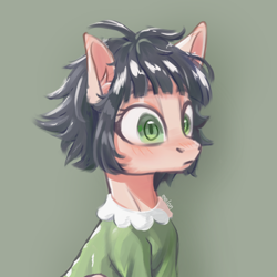 Size: 1024x1024 | Tagged: safe, artist:melonade, artist:melonlicious, imported from derpibooru, earth pony, pony, bust, buttercup (powerpuff girls), green background, green eyes, grey hair, ponified, portrait, simple background, solo, the powerpuff girls