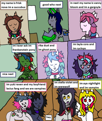 Size: 1352x1600 | Tagged: safe, artist:ask-luciavampire, imported from derpibooru, oc, cyclops, gargoyle, ghost, ghost pony, succubus, undead, vampire, vampony, werewolf, comic, frankenpony, tumblr