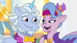 Size: 600x338 | Tagged: safe, imported from derpibooru, screencap, queen haven, zipp storm, pegasus, pony, unicorn, spoiler:g5, spoiler:my little pony: tell your tale, spoiler:tyts01e51, adorahaven, alphabetes, alphabittle blossomforth, alphahaven, animated, bowtie, canon ship, clothes, cockblock, crown, cute, faic, female, freckles, g5, gif, jewelry, looking at each other, looking at someone, male, mare, mare family mare problems, moment killer, my little pony: tell your tale, necklace, nervous, regalia, shipping, sleep mask, smiling, stallion, stepdad alphabittle, straight, surprised, trio, tuxedo, youtube link