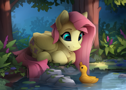Size: 2460x1765 | Tagged: safe, artist:yakovlev-vad, imported from derpibooru, fluttershy, bird, duck, pegasus, pony, cute, duckling, female, flower, looking at each other, looking at someone, looking right, lying down, mare, pond, ponyloaf, prone, rock, shyabetes, solo, tree, water