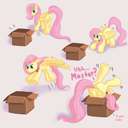 Size: 2160x2160 | Tagged: safe, artist:callichrome, imported from derpibooru, fluttershy, pegasus, pony, adorable distress, behaving like a cat, bell, bell collar, box, butt, butt fluff, butt shake, collar, cute, female, flutterbox, happy, if i fits i sits, jumping, master, missing cutie mark, pet, plot, pony in a box, pony pet, pounce, simple background, smiling, solo, spread wings, stuck, upside down, wholesome, wings