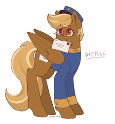 Size: 1080x1161 | Tagged: safe, artist:pink_stry, imported from derpibooru, pegasus, pony, clothes, female, folded wings, forced meme, hat, letter, mare, mouth hold, red eyes, shitfuck meme, signature, simple background, solo, swift reply, uniform, vulgar, white background, wings