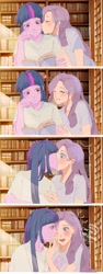 Size: 1080x2880 | Tagged: safe, artist:ecor土土, imported from derpibooru, rarity, twilight sparkle, human, equestria girls, blushing, book, bookshelf, cheek kiss, clothes, dialogue, duo, duo female, eyes closed, female, humanized, kiss on the lips, kissing, lesbian, library, rarilight, reading, shipping, smiling