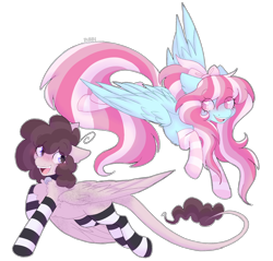 Size: 2300x2200 | Tagged: safe, artist:puppie, imported from derpibooru, oc, oc only, oc:raevyn, oc:sage comet, pegasus, pony, chest fluff, clothes, duo, flying, happy, leonine tail, looking at each other, looking at someone, simple background, smiling, smiling at each other, socks, striped socks, tail, transparent background