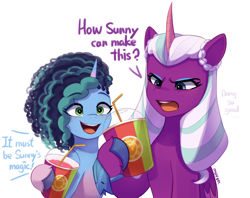 Size: 3232x2561 | Tagged: safe, artist:maren, imported from derpibooru, opaline arcana, alicorn, pony, unicorn, coat markings, cornrows, drink, duo, duo female, engrish, eyeshadow, female, food, freckles, g5, grammar error, high res, implied sunny starscout, magnetic hooves, makeup, mare, misty brightdawn, open mouth, simple background, smoothie, socks (coat markings), unshorn fetlocks, white background