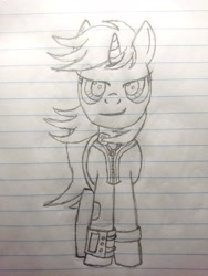 Size: 2448x3264 | Tagged: safe, artist:dust, derpibooru exclusive, imported from derpibooru, oc, oc only, oc:littlepip, pony, unicorn, fallout equestria, clothes, female, high res, horn, jumpsuit, lined paper, mare, monochrome, pencil drawing, pipbuck, smiling, smirk, solo, traditional art, unicorn oc, vault suit