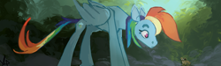 Size: 1764x532 | Tagged: safe, artist:megalura, imported from derpibooru, rainbow dash, frog, pegasus, pony, female, forest, looking at something, mare, solo