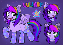 Size: 2276x1628 | Tagged: safe, artist:moozua, imported from derpibooru, oc, oc only, oc:lullaby, bat pony, pony, clothes, cutie mark, ear piercing, earring, jewelry, lidded eyes, piercing, reference sheet, socks, solo, unamused