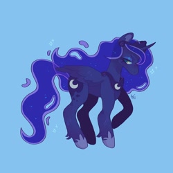 Size: 1440x1440 | Tagged: safe, artist:ariariari.png, imported from derpibooru, princess luna, alicorn, pony, blue background, concave belly, crown, curved horn, eyeshadow, horn, jewelry, makeup, necklace, regalia, simple background, solo, wavy mane