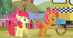 Size: 528x272 | Tagged: safe, edit, edited screencap, imported from derpibooru, screencap, apple bloom, babs seed, earth pony, pony, carriage, duo, female, filly, foal, reddened butt, spank mark, spanked, sweet apple acres, taxi