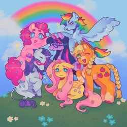 Size: 1440x1440 | Tagged: safe, artist:ariariari.png, imported from derpibooru, applejack, fluttershy, pinkie pie, rainbow dash, rarity, twilight sparkle, alicorn, earth pony, pegasus, pony, unicorn, alternate design, alternate hairstyle, bracelet, braid, braided ponytail, braided tail, colored hooves, ear piercing, flower, flower in hair, food, glasses, grass, jewelry, leonine tail, mane six, piercing, ponytail, rainbow, spread wings, sprinkles, tail, twilight sparkle (alicorn), unshorn fetlocks, wings