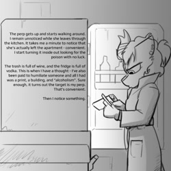 Size: 800x800 | Tagged: safe, artist:captainhoers, imported from derpibooru, oc, oc only, oc:silent spring, anthro, kirin, crossover, female, grayscale, kirin oc, monochrome, narration, refrigerator, shadows of doubt, solo, text