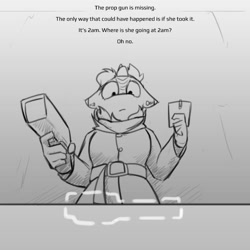 Size: 800x800 | Tagged: safe, artist:captainhoers, imported from derpibooru, oc, oc only, oc:silent spring, anthro, kirin, crossover, dotted line, female, grayscale, kirin oc, looking down, low angle, monochrome, narration, shadows of doubt, solo, text