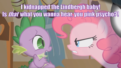 Size: 2000x1125 | Tagged: safe, edit, edited screencap, imported from derpibooru, screencap, pinkie pie, spike, dragon, earth pony, party of one, angry, chair, duo, duo male and female, female, impact font, interrogation, john oliver, last week tonight, last week tonight with john oliver, male, mare, pinkie pie is not amused, reference, scared, spotlight, sugarcube corner, text, unamused