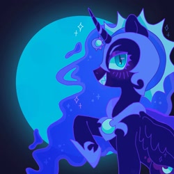 Size: 1440x1440 | Tagged: safe, artist:ariariari.png, imported from derpibooru, nightmare moon, alicorn, pony, eyeshadow, helmet, horn, horn jewelry, jewelry, makeup, moon, solo, wavy hair
