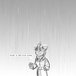 Size: 800x800 | Tagged: safe, artist:captainhoers, imported from derpibooru, oc, oc only, oc:silent spring, anthro, kirin, crossover, female, grayscale, kirin oc, monochrome, rain, shadows of doubt, solo, text, wet, wet mane