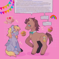 Size: 1440x1440 | Tagged: safe, artist:ariariari.png, imported from derpibooru, derpy hooves, doctor whooves, time turner, earth pony, pegasus, pony, bandaid, bowtie, colored, doctorderpy, duo, female, freckles, male, mare, science, shipping, speech bubble, stallion, straight, wikipedia